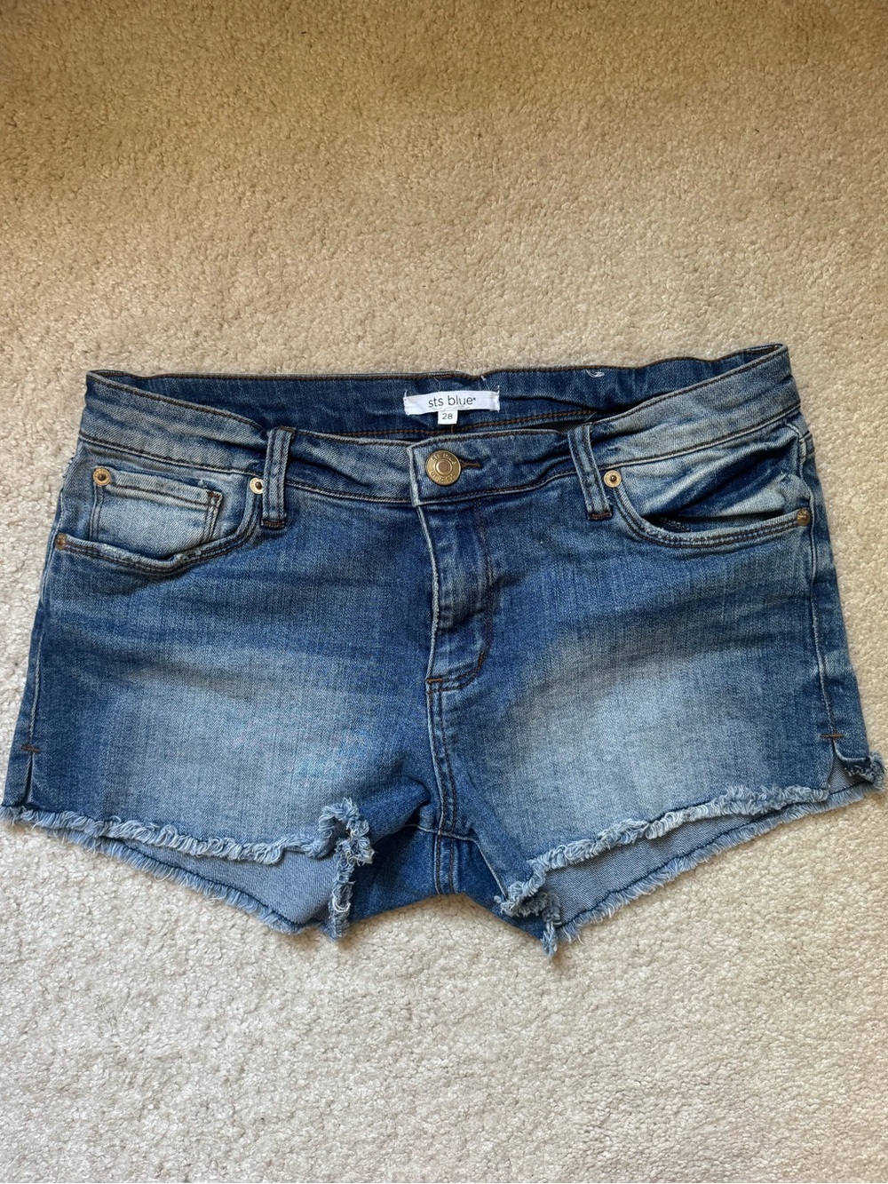 STS Blue Stretch Medium Wash Frayed Denim Shorts - Size 28